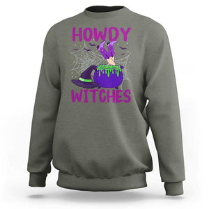 Halloween Witch Sweatshirt Howdy Witches Western Cowgirl TS02 Military Green Print Your Wear