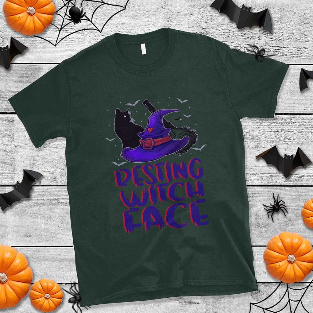 Funny Witch T Shirt Resting Witch Face With Black Cat TS02 Dark Forest Green Print Your Wear