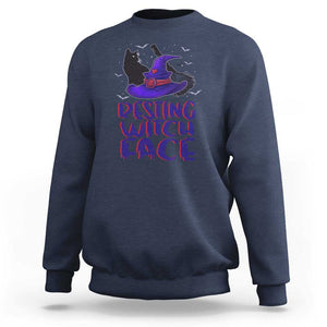 Funny Witch Sweatshirt Resting Witch Face With Black Cat TS02 Navy Print Your Wear