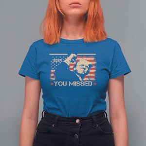 Trump You Missed T Shirt For Women Funny Election 2024 American Flag TS02 Royal Blue Print Your Wear