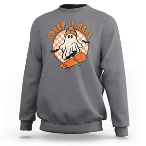 Halloween Skating Boo Sheet Sweatshirt Creep It Real Ghost Fall Season Retro Vintage TS02 Charcoal Print Your Wear