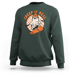 Halloween Skating Boo Sheet Sweatshirt Creep It Real Ghost Fall Season Retro Vintage TS02 Dark Forest Green Print Your Wear