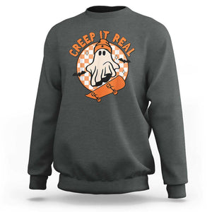 Halloween Skating Boo Sheet Sweatshirt Creep It Real Ghost Fall Season Retro Vintage TS02 Dark Heather Print Your Wear