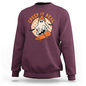 Halloween Skating Boo Sheet Sweatshirt Creep It Real Ghost Fall Season Retro Vintage TS02 Maroon Print Your Wear