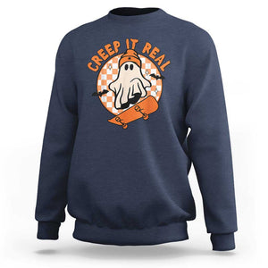 Halloween Skating Boo Sheet Sweatshirt Creep It Real Ghost Fall Season Retro Vintage TS02 Navy Print Your Wear