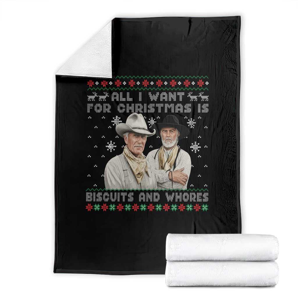 Funny Western Christmas Cowboy Humor Throw Blanket All I Want for Christmas Is Biscuits and Whores TS02 Black Print Your Wear