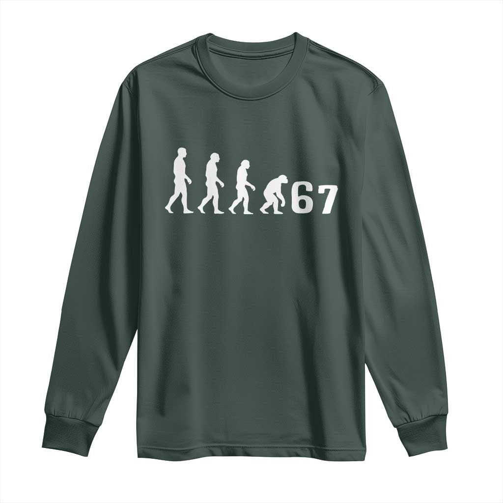 Funny 67 Reverse Evolution Long Sleeve Shirt Sarcastic Six Seven Meme TS02 Dark Forest Green Print Your Wear