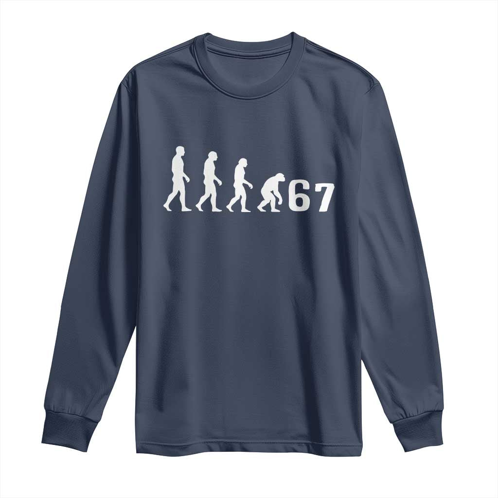 Funny 67 Reverse Evolution Long Sleeve Shirt Sarcastic Six Seven Meme TS02 Navy Print Your Wear