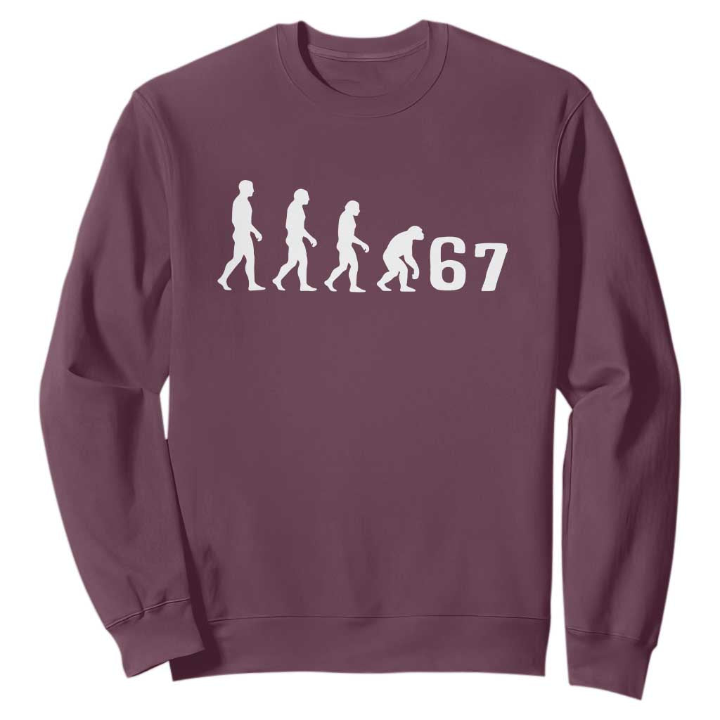 Funny 67 Reverse Evolution Sweatshirt Sarcastic Six Seven Meme TS02 Maroon Print Your Wear