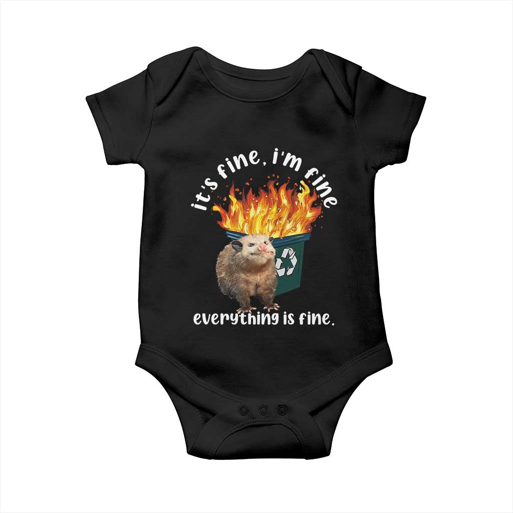 Funny Opossum Meme Baby Onesie It's Fine I'm Fine Everything Is Fine Dumpster Fire TS02 Black Print Your Wear