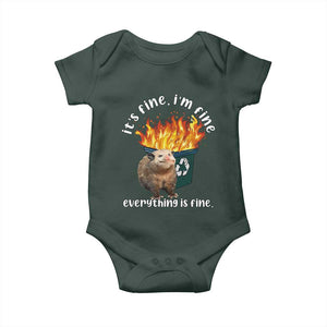 Funny Opossum Meme Baby Onesie It's Fine I'm Fine Everything Is Fine Dumpster Fire TS02 Dark Forest Green Print Your Wear