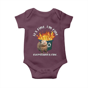 Funny Opossum Meme Baby Onesie It's Fine I'm Fine Everything Is Fine Dumpster Fire TS02 Maroon Print Your Wear