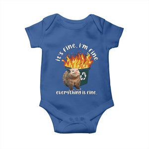 Funny Opossum Meme Baby Onesie It's Fine I'm Fine Everything Is Fine Dumpster Fire TS02 Royal Blue Print Your Wear