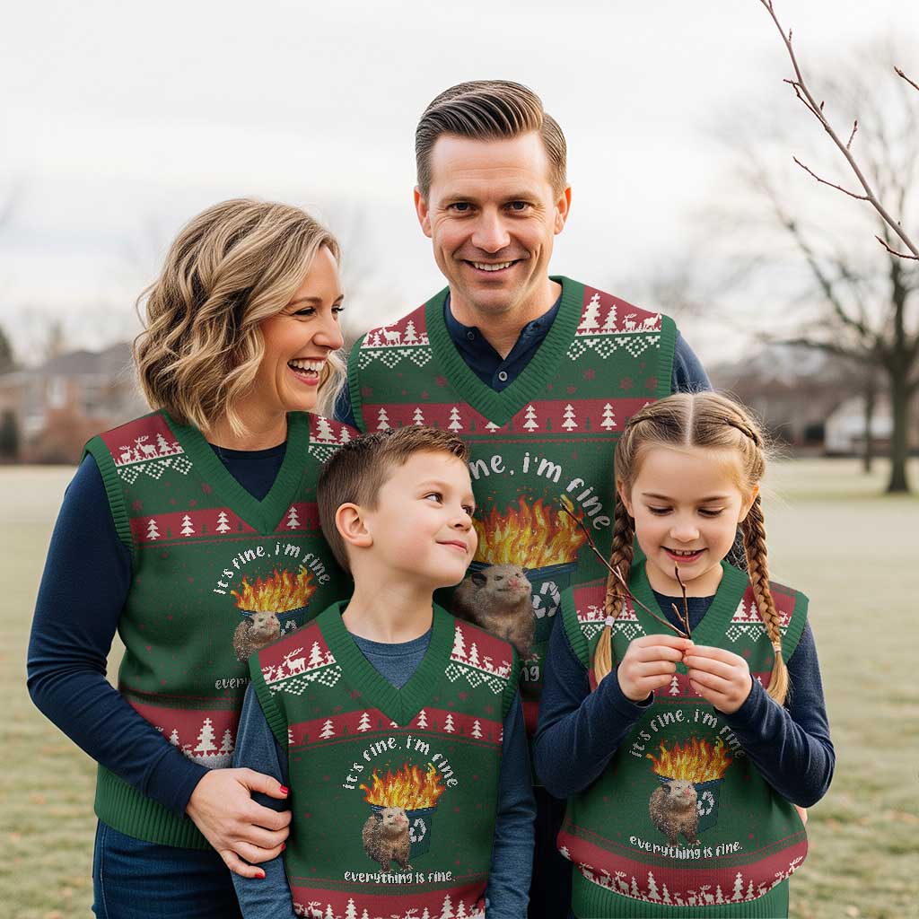 Funny Opossum Meme V-Neck Knit Sweater Vest It's Fine I'm Fine Everything Is Fine Dumpster Fire TS02 Red Green Print Your Wear