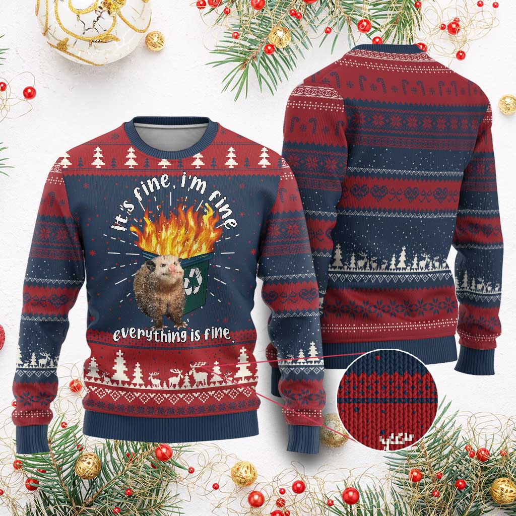 Funny Opossum Meme Ugly Christmas Sweater It's Fine I'm Fine Everything Is Fine Dumpster Fire TS02 Burgundy Print Your Wear