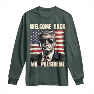 Trump Won 2024 Long Sleeve Shirt Welcome Back Mr President 47 Victory American Flag TS02 Dark Forest Green Print Your Wear