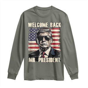 Trump Won 2024 Long Sleeve Shirt Welcome Back Mr President 47 Victory American Flag TS02 Military Green Print Your Wear