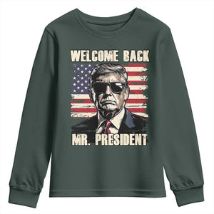 Trump Won 2024 Youth Sweatshirt Welcome Back Mr President 47 Victory American Flag TS02 Dark Forest Green Print Your Wear