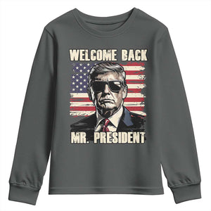 Trump Won 2024 Youth Sweatshirt Welcome Back Mr President 47 Victory American Flag TS02 Dark Heather Print Your Wear