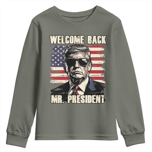 Trump Won 2024 Youth Sweatshirt Welcome Back Mr President 47 Victory American Flag TS02 Military Green Print Your Wear