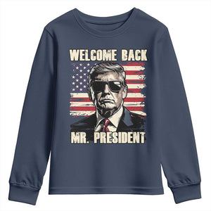 Trump Won 2024 Youth Sweatshirt Welcome Back Mr President 47 Victory American Flag TS02 Navy Print Your Wear