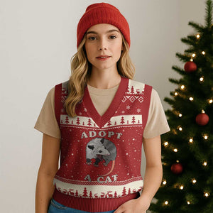Funny Opossum Meme V-Neck Knit Sweater Vest Adopt A Cat Possum Team Trash Vibes TS02 Red Beige Print Your Wear