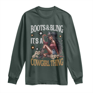 Melanin Cowgirl Long Sleeve Shirt Boots & Bling It's A Cowgirl Thing Black History TS02 Dark Forest Green Print Your Wear