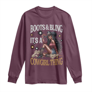 Melanin Cowgirl Long Sleeve Shirt Boots & Bling It's A Cowgirl Thing Black History TS02 Maroon Print Your Wear