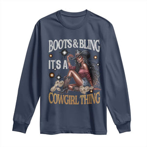 Melanin Cowgirl Long Sleeve Shirt Boots & Bling It's A Cowgirl Thing Black History TS02 Navy Print Your Wear