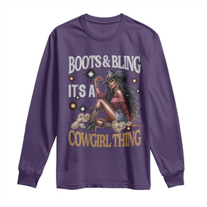 Melanin Cowgirl Long Sleeve Shirt Boots & Bling It's A Cowgirl Thing Black History TS02 Purple Print Your Wear