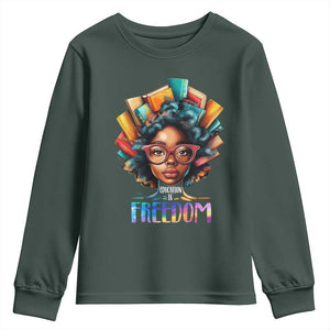 Black History Education Is Freedom Youth Sweatshirt Black Teacher Books TS02 Dark Forest Green Print Your Wear
