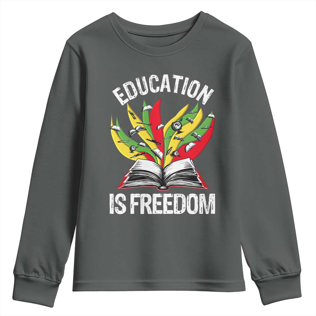 Education Is Freedom Youth Sweatshirt Teaching Black History Month Books TS02 Dark Heather Print Your Wear