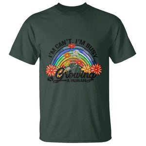 First Mother's Day T Shirt I Can't I'm Busy Growing A Human New Mom Retro Rainbow TS02 Dark Forest Green Printyourwear