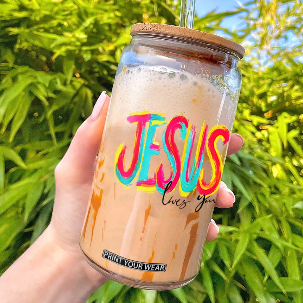 Jesus Loves You Colorful Brush Stroke Christian Glass Can Faith Inspirational Religious Gift for Believers TS02 White Print Your Wear