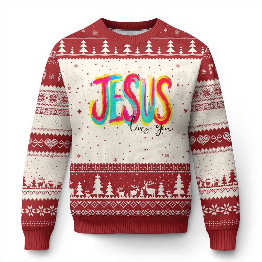 Jesus Loves You Colorful Brush Stroke Christian Ugly Christmas Sweater Faith Inspirational Religious Gift for Believers TS02 Beige Red Print Your Wear