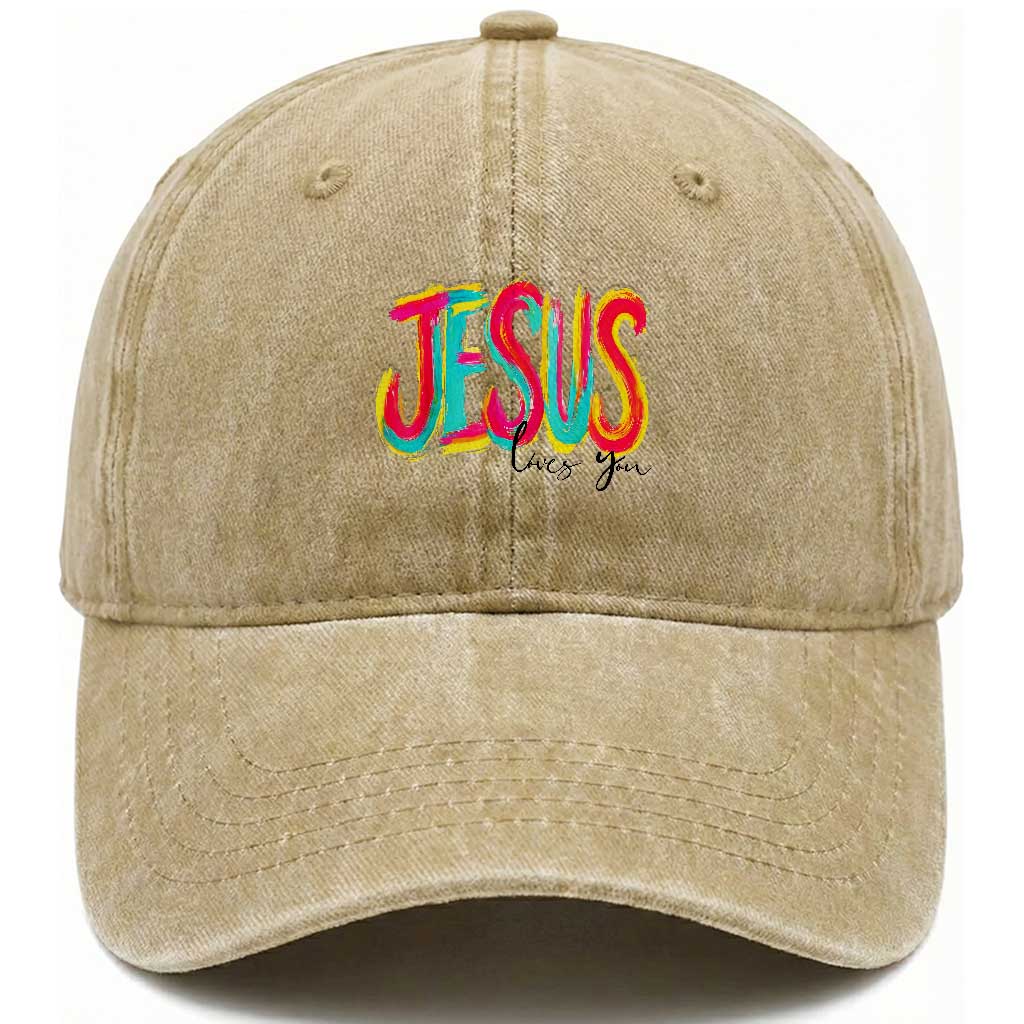 Jesus Loves You Colorful Brush Stroke Christian Washed Cotton Baseball Cap Faith Inspirational Religious Gift for Believers TS02 Print Your Wear