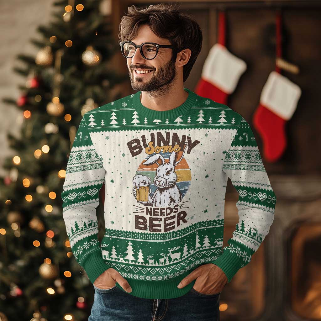 Some Bunny Needs Beer Funny Easter Drinking Humor Ugly Christmas Sweater Retro Rabbit Beer Lover Gift TS02 Beige Green Print Your Wear