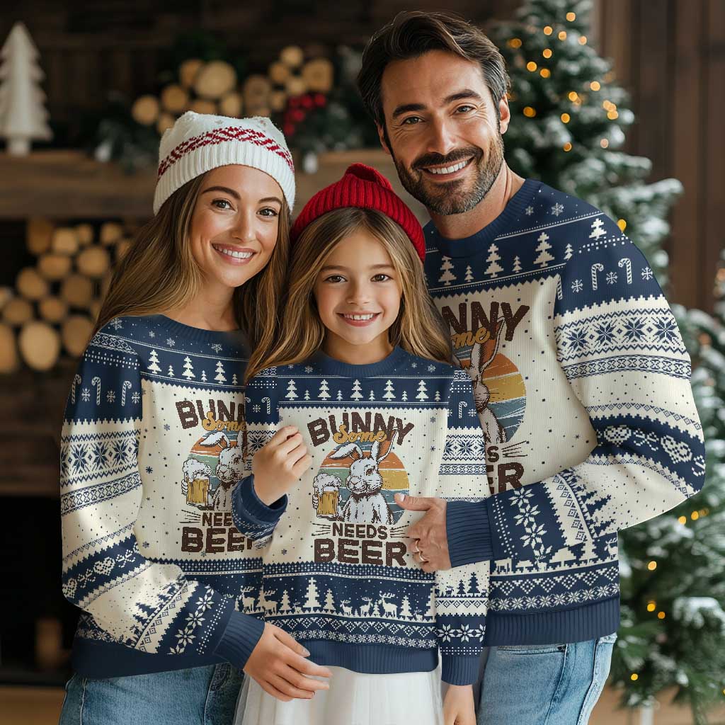 Some Bunny Needs Beer Funny Easter Drinking Humor Ugly Christmas Sweater Retro Rabbit Beer Lover Gift TS02 Beige Navy Print Your Wear