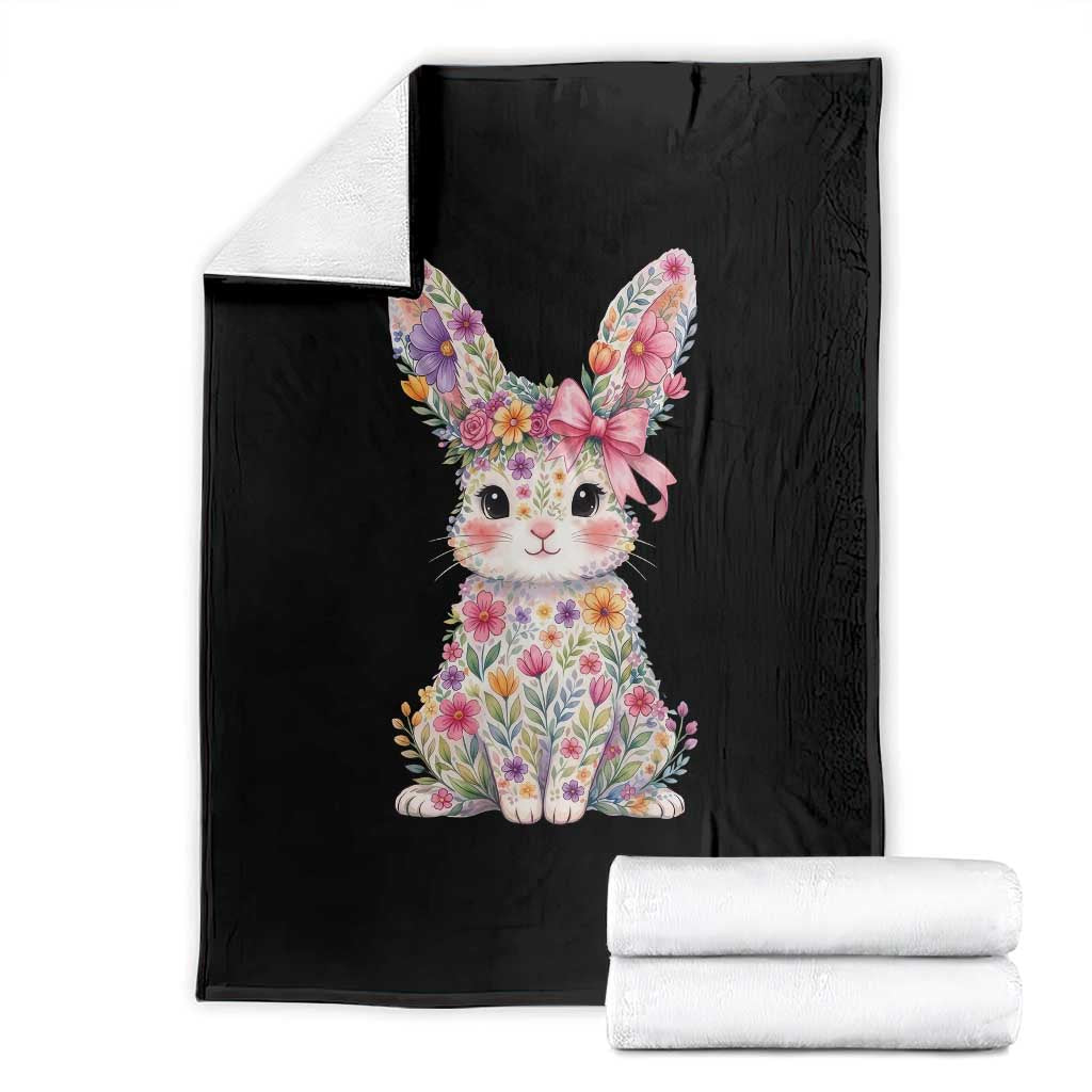 Cute Floral Easter Bunny Graphic Throw Blanket Adorable Spring Rabbit with Flowers Pastel Aesthetic Gift TS02 Black Print Your Wear