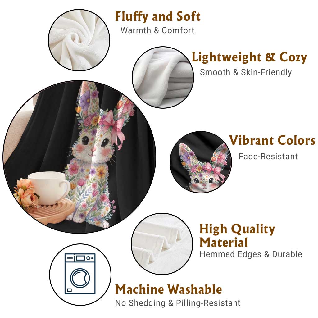 Cute Floral Easter Bunny Graphic Throw Blanket Adorable Spring Rabbit with Flowers Pastel Aesthetic Gift TS02 Print Your Wear