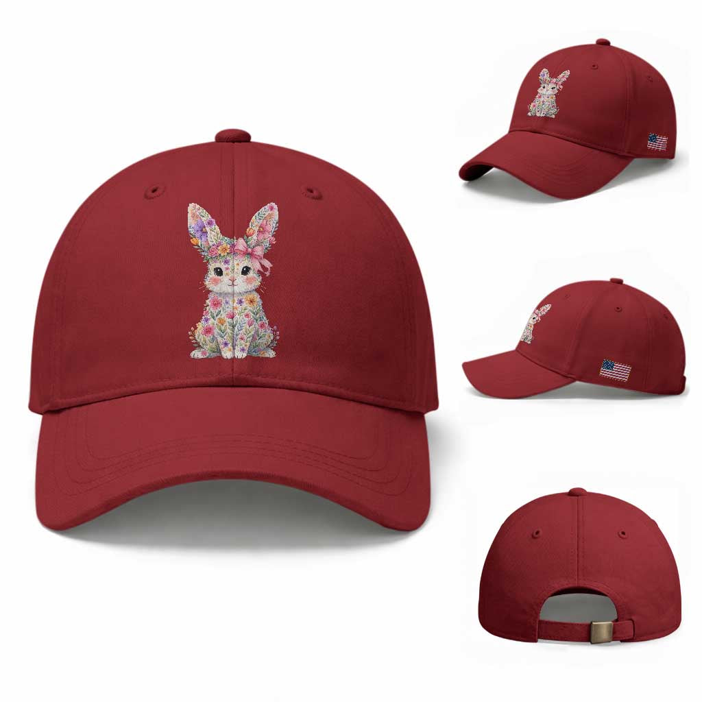 Cute Floral Easter Bunny Graphic Baseball Cap Adorable Spring Rabbit with Flowers Pastel Aesthetic Gift TS02 Baseball Cap Universal Fit Cherry Red Print Your Wear