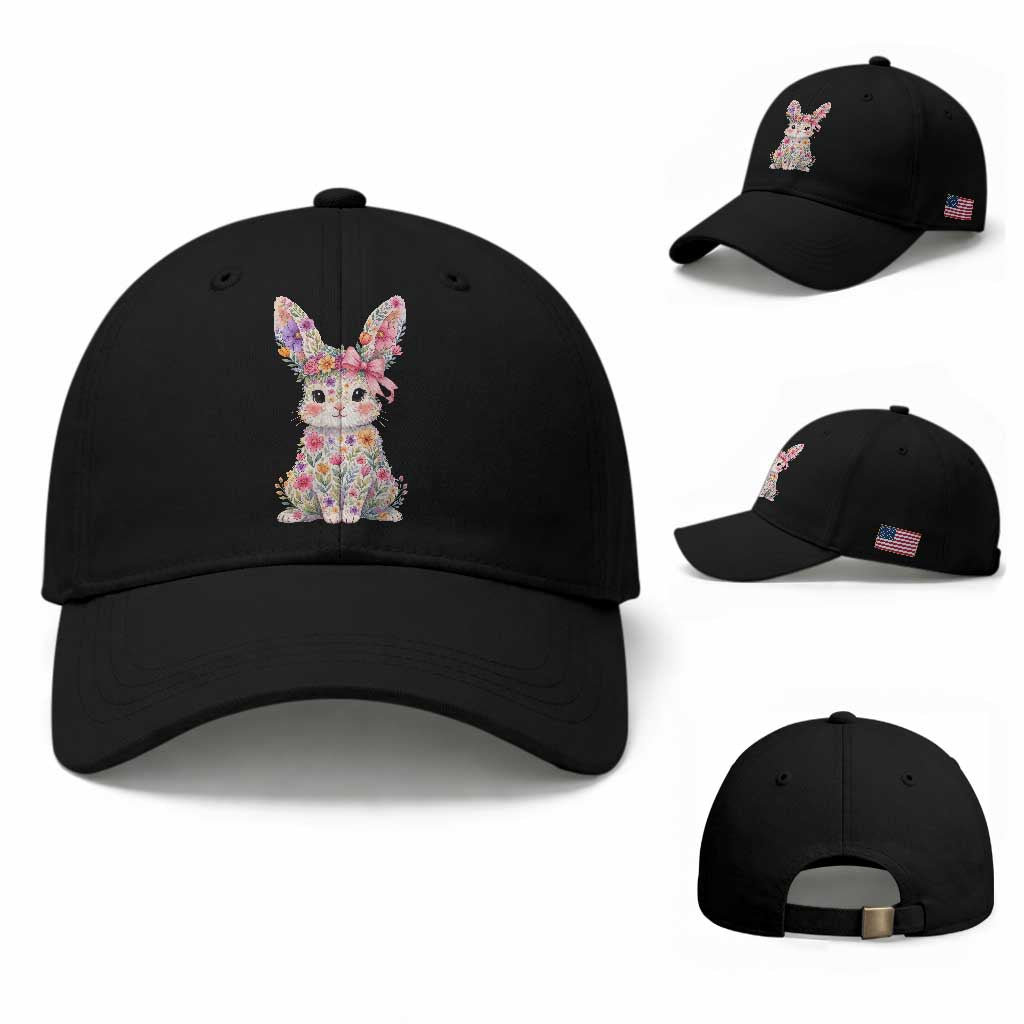 Cute Floral Easter Bunny Graphic Baseball Cap Adorable Spring Rabbit with Flowers Pastel Aesthetic Gift TS02 Baseball Cap Universal Fit Black Print Your Wear