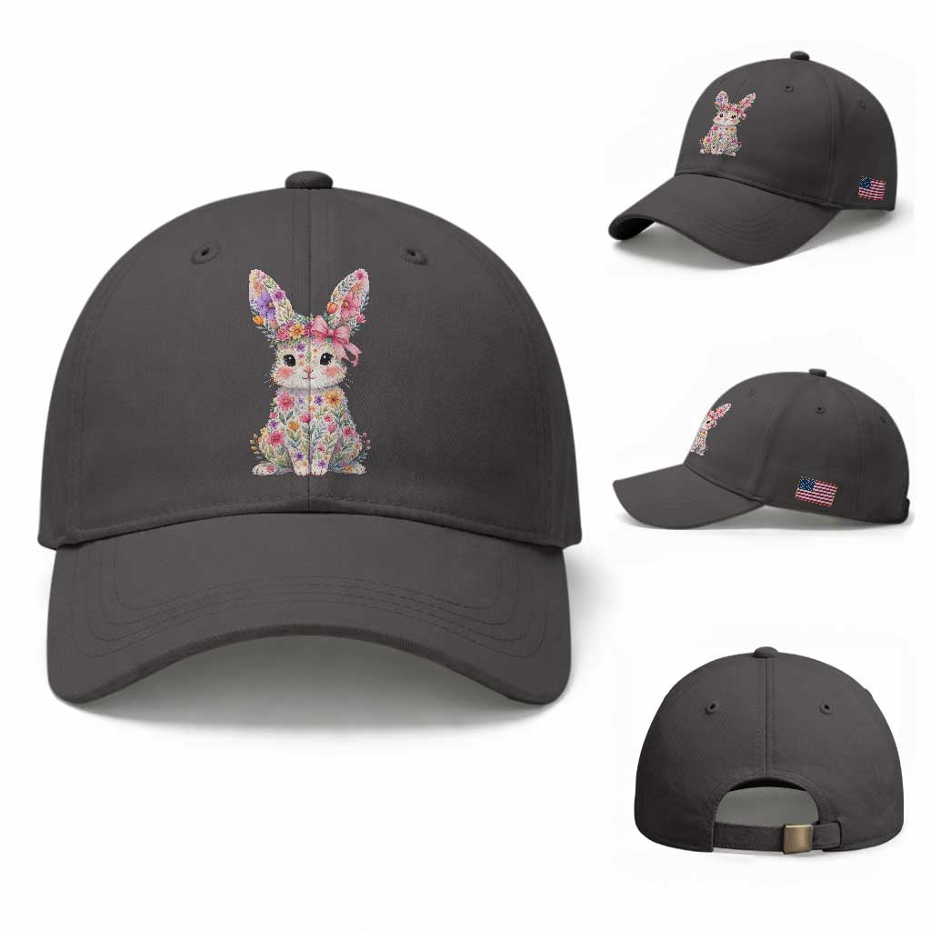 Cute Floral Easter Bunny Graphic Baseball Cap Adorable Spring Rabbit with Flowers Pastel Aesthetic Gift TS02 Baseball Cap Universal Fit Dark Gray Print Your Wear