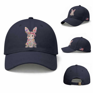 Cute Floral Easter Bunny Graphic Baseball Cap Adorable Spring Rabbit with Flowers Pastel Aesthetic Gift TS02 Baseball Cap Universal Fit Navy Print Your Wear