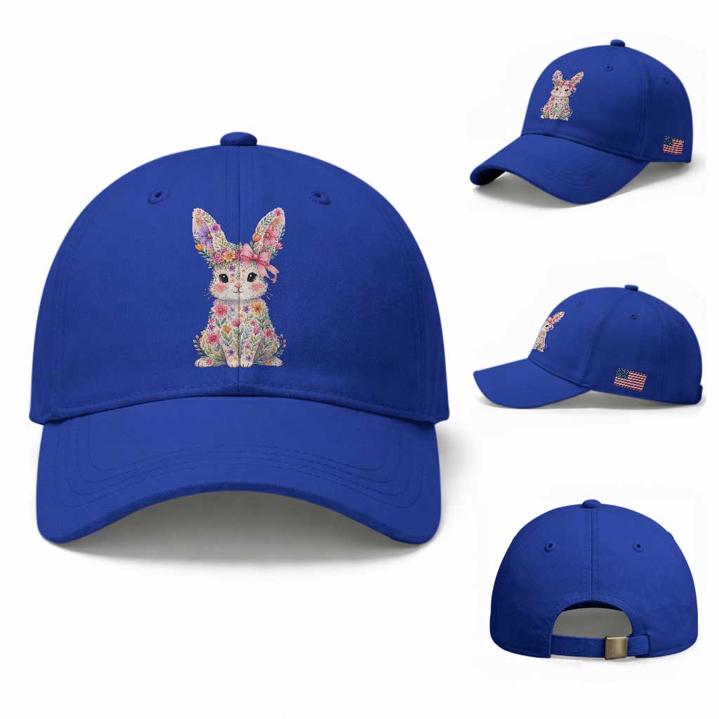 Cute Floral Easter Bunny Graphic Baseball Cap Adorable Spring Rabbit with Flowers Pastel Aesthetic Gift TS02 Baseball Cap Universal Fit Royal Blue Print Your Wear