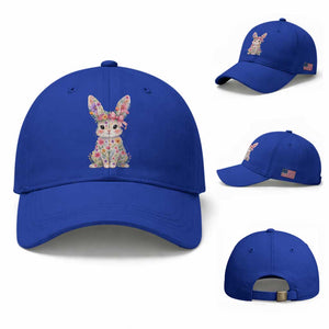 Cute Floral Easter Bunny Graphic Baseball Cap Adorable Spring Rabbit with Flowers Pastel Aesthetic Gift TS02 Baseball Cap Universal Fit Royal Blue Print Your Wear