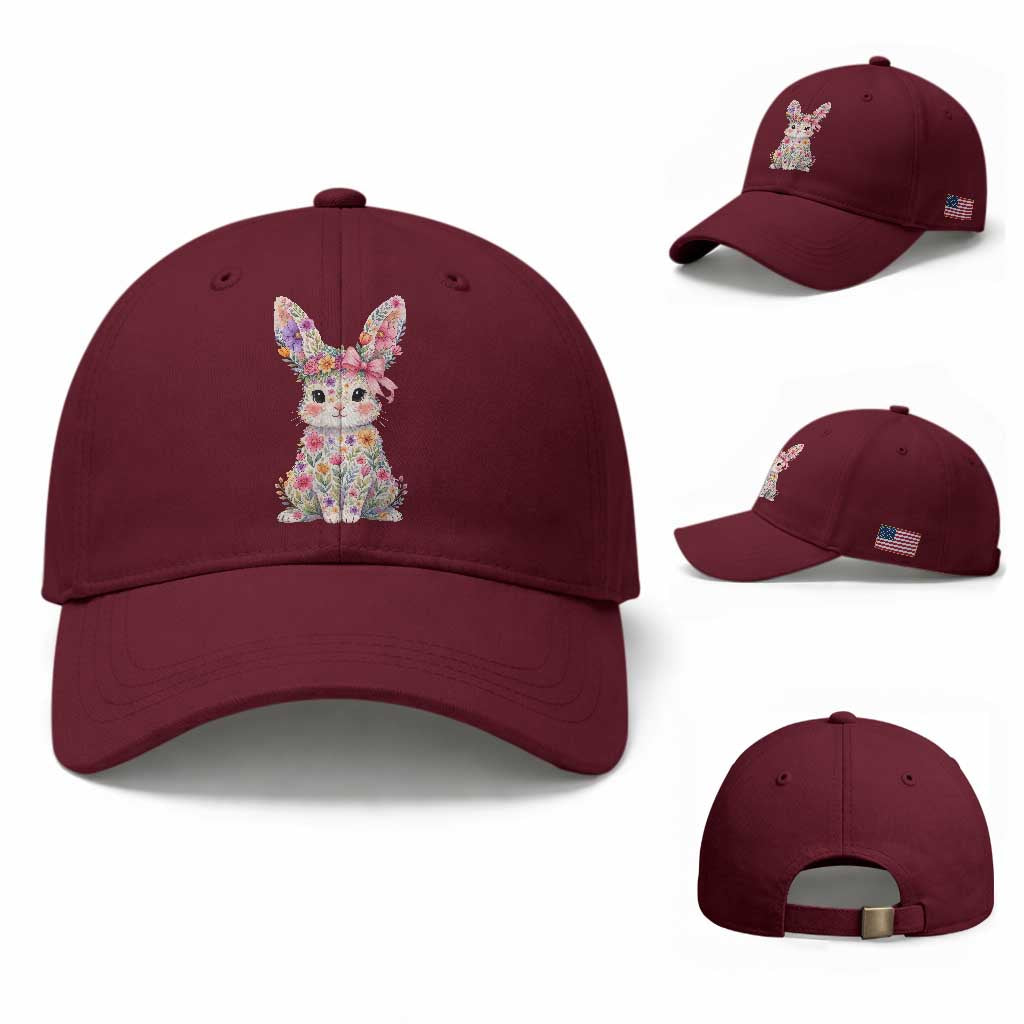 Cute Floral Easter Bunny Graphic Baseball Cap Adorable Spring Rabbit with Flowers Pastel Aesthetic Gift TS02 Baseball Cap Universal Fit Maroon Print Your Wear