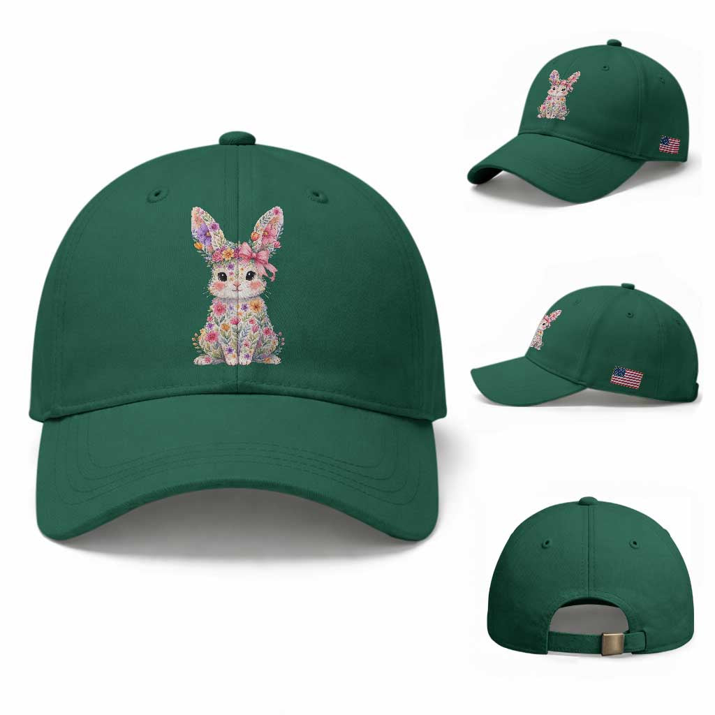 Cute Floral Easter Bunny Graphic Baseball Cap Adorable Spring Rabbit with Flowers Pastel Aesthetic Gift TS02 Baseball Cap Universal Fit Irish Green Print Your Wear