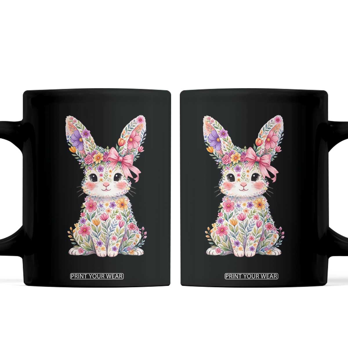 Cute Floral Easter Bunny Graphic Coffee Mug Adorable Spring Rabbit with Flowers Pastel Aesthetic Gift TS02 Black Print Your Wear