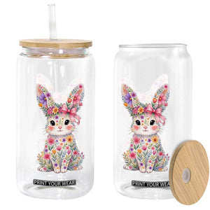 Cute Floral Easter Bunny Graphic Glass Can Adorable Spring Rabbit with Flowers Pastel Aesthetic Gift TS02 Print Your Wear